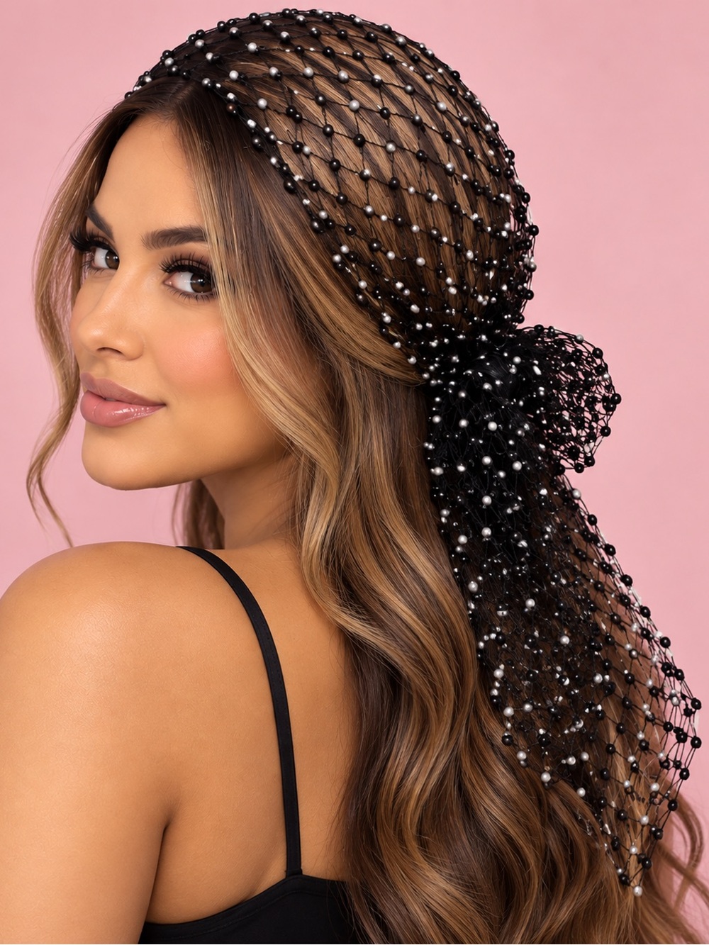Pearl-Embellished Black Net Hair Scarf
